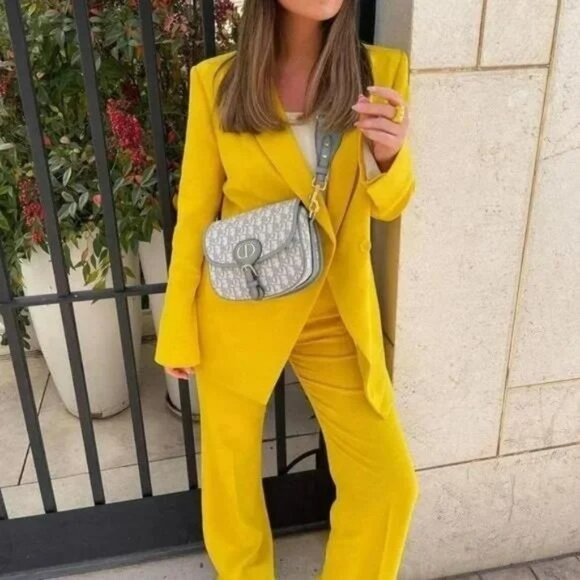 Zara Blazer XS Yellow Double Breasted Asymmetric Blogger Fave - Picture 3 of 16